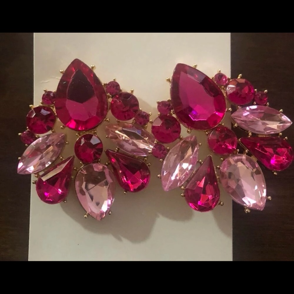 Pink Crystal Cluster Earrings Gold Tone Teardrop Statement - Picture 12 of 13